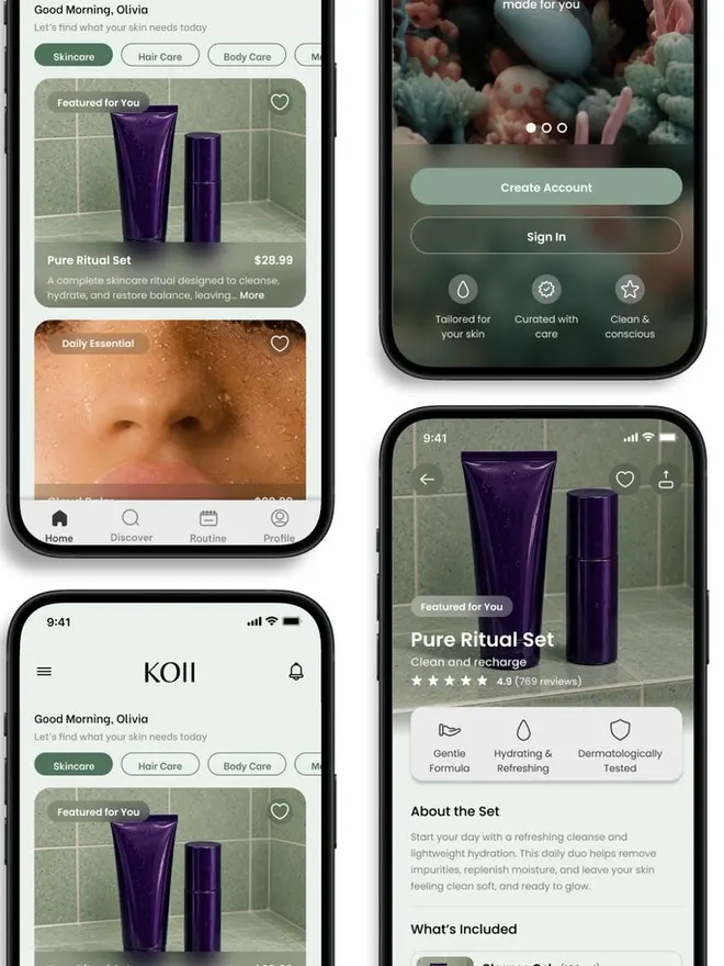 Écrans du modèle « Beauty Experience » : une application de produits de beauté, avec fiche produit
