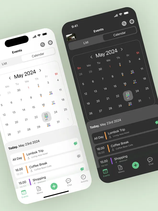 Écrans du modèle « Calendar » : un agenda mobile avec vue calendrier et liste d’événements, en clair et en sombre