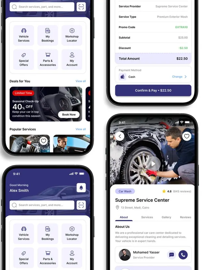 Écrans du modèle « Car Wash » : une application de lavage automobile, avec services, réservation et paiement