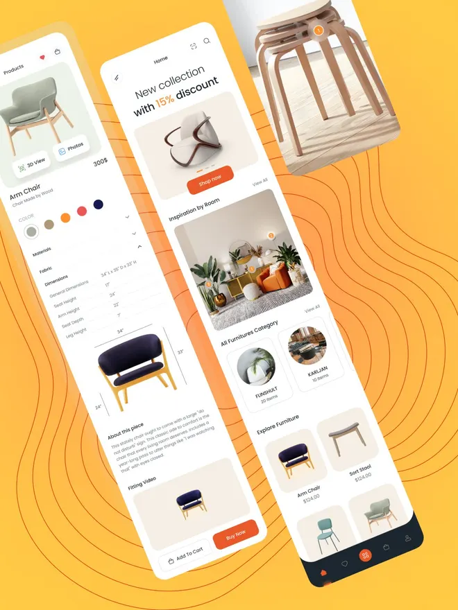 Écrans du modèle « Clean Furniture Shop » : une boutique de meubles, avec catalogue et panier