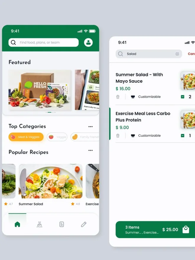 Écrans du modèle « Fresh Food » : une application de repas et de nutrition, avec catégories et recettes