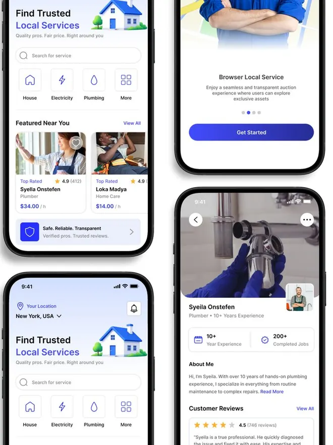 Écrans du modèle « Home Service » : une application de services à domicile, avec recherche de professionnels