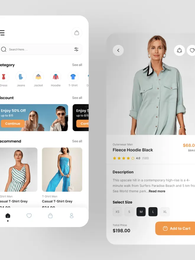 Écrans du modèle « Nice » : une application de boutique de mode, avec catégories et fiche vêtement