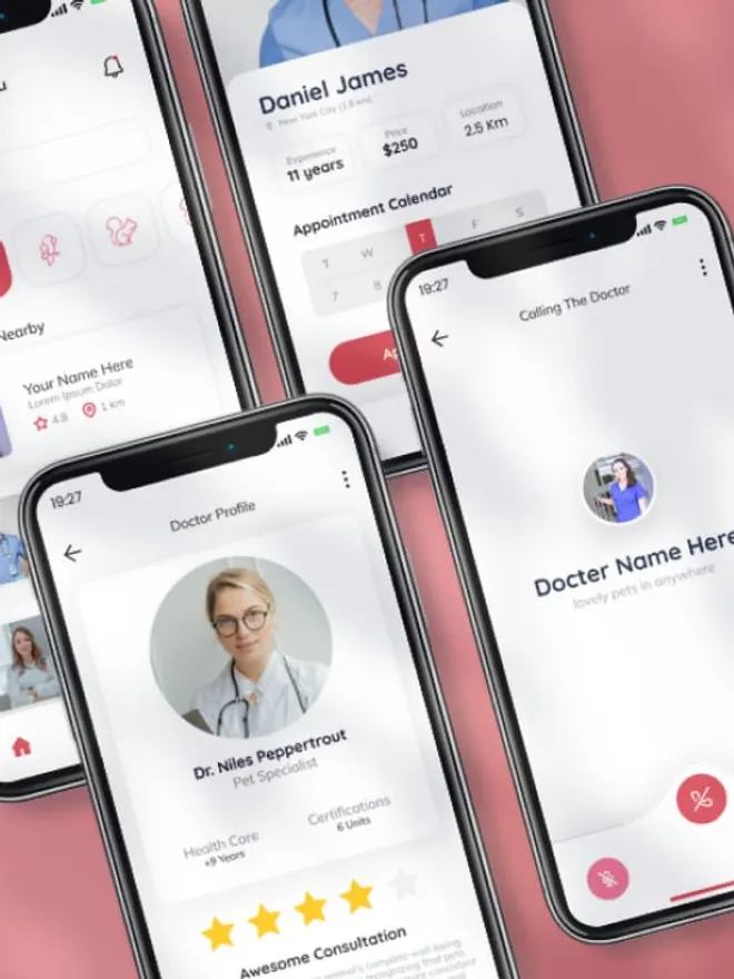 Écrans du modèle « Peticare » : une application de soins pour animaux, avec profil de praticien et prise de rendez-vous