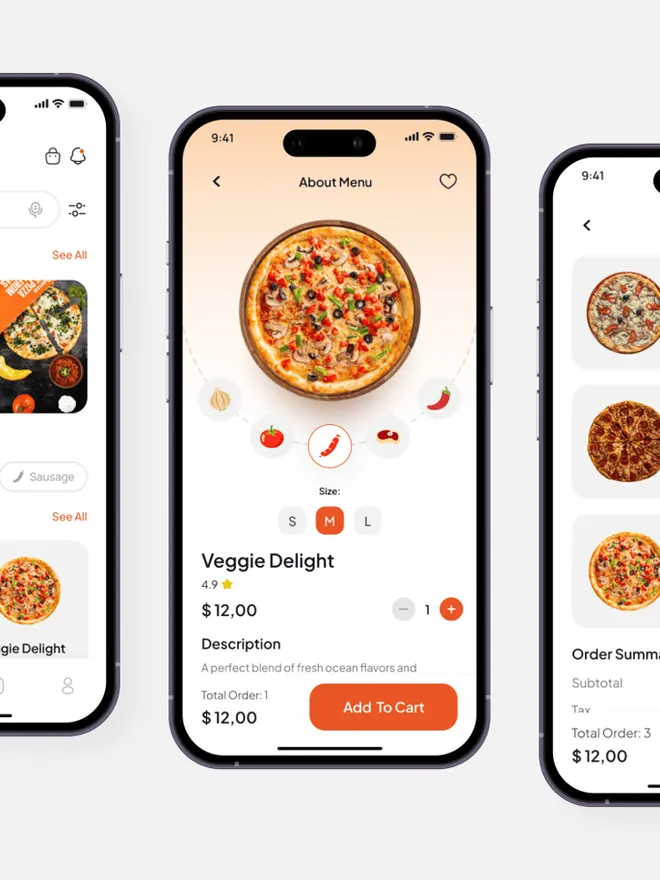 Écrans du modèle « Pizza Delivery » : une application de livraison de repas, avec la fiche d’un plat et la commande