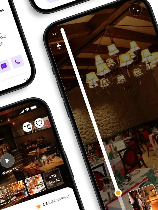 Écrans du modèle « Restaurant Reservation » : fiche d’un restaurant avec photos, avis et réservation