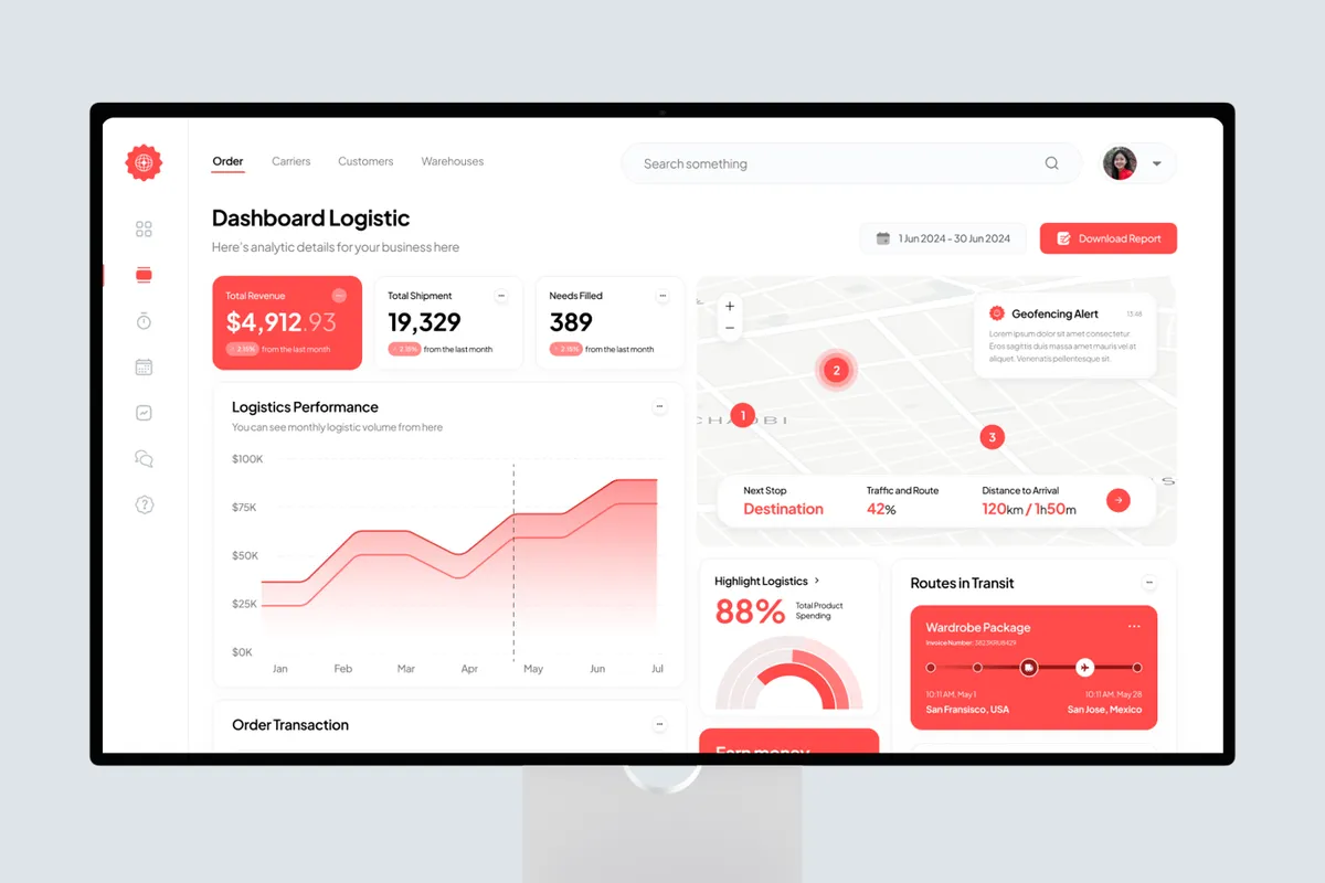 Aperçu du modèle « BoxDash » : un tableau de bord de suivi logistique, avec courbe de performance et carte