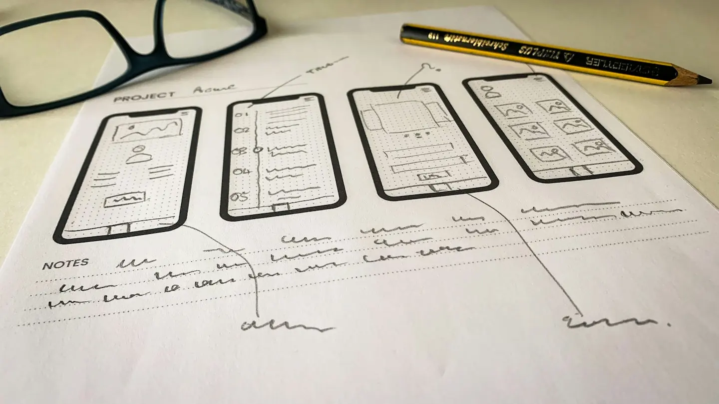 Croquis de maquettes d’écrans de smartphone sur une feuille, avec des notes et une paire de lunettes