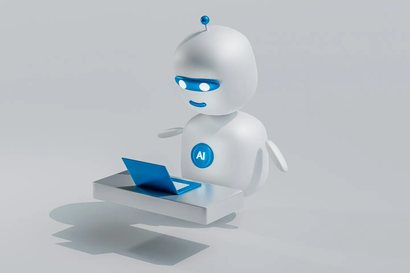 Petit robot blanc en 3D, assis devant un ordinateur portable