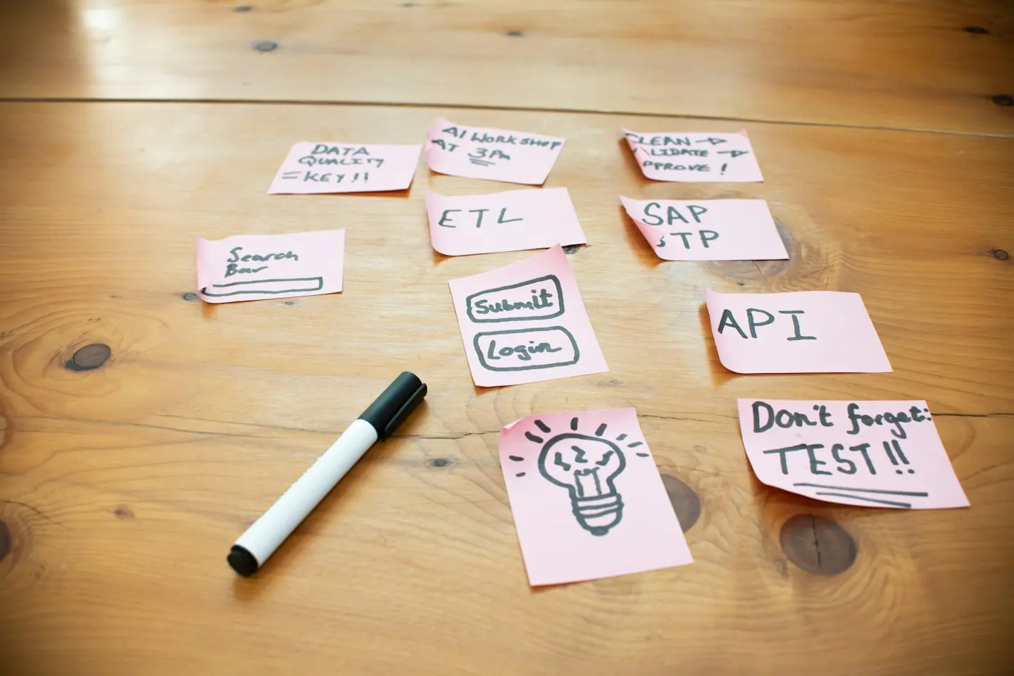 Notes autocollantes roses reliées par des mots (API, ETL, connexion) sur une table en bois, comme un schéma d’automatisation