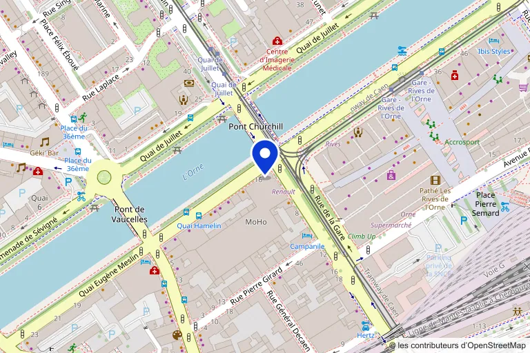 Carte du quartier du MOHO, quai Amiral Hamelin, à Caen : l’Orne, le pont Churchill et la gare