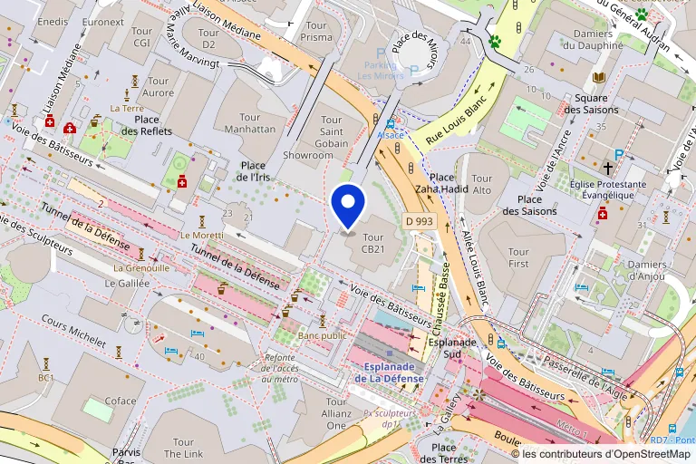 Carte du quartier de la Tour CB21, place de l’Iris, à La Défense, avec la station Esplanade de La Défense