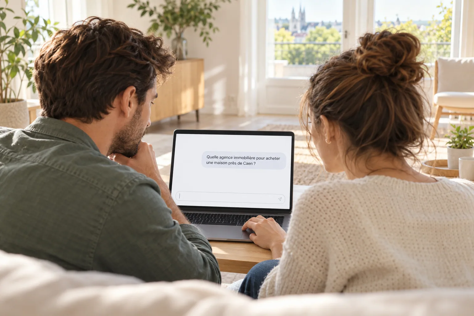 Un couple, vu de dos, pose à une IA la question « Quelle agence immobilière pour acheter une maison près de Caen ? » sur un ordinateur portable (illustration générée par IA, personnes fictives)